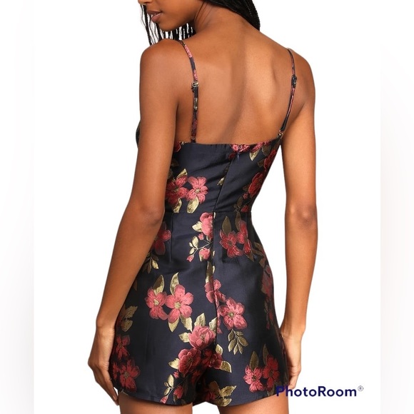 Navy Blue Floral Jacquard Skort Romper - Picture 3 of 5